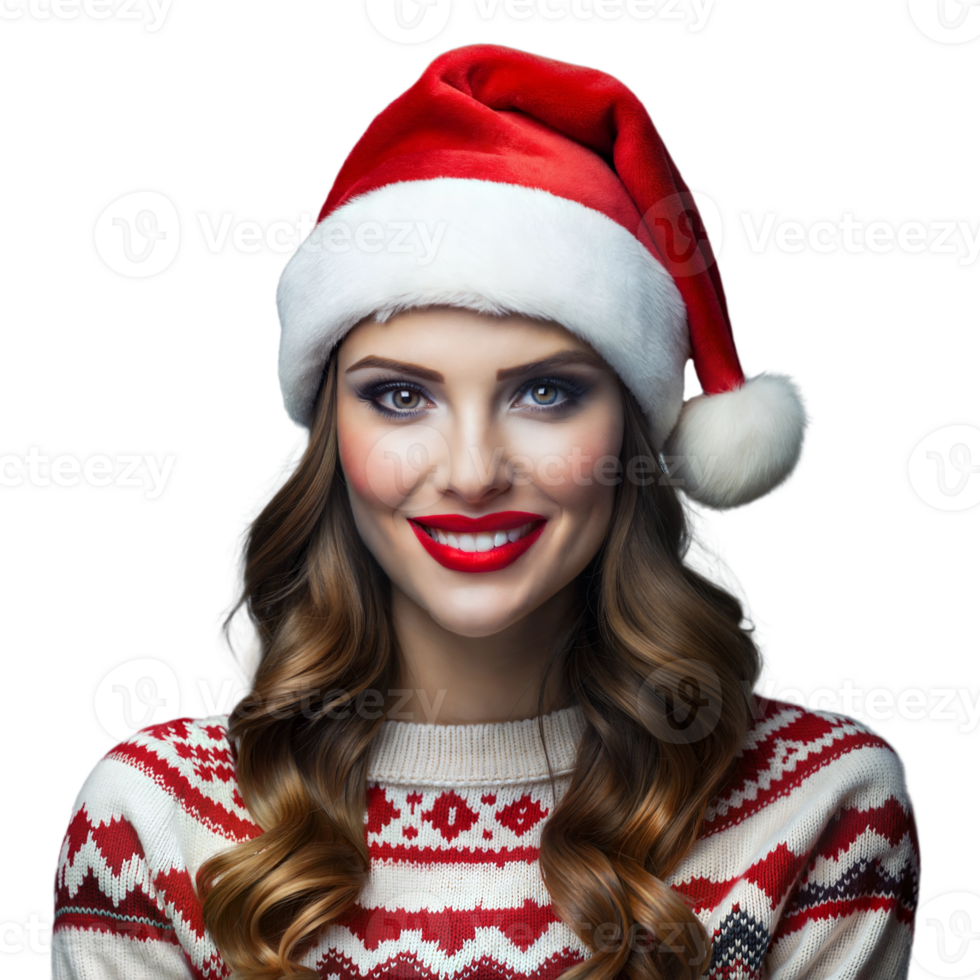 Cheerful Young Woman Smiling in Santa Hat and Holiday Sweater During Festive Winter Celebration png