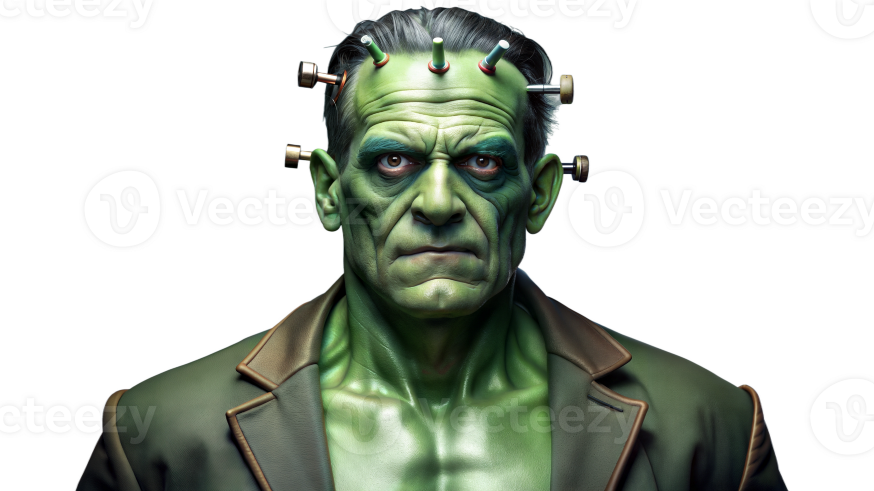 A green-skinned monster with bolts in his head gazes intensely, showcasing a powerful and eerie presence. png