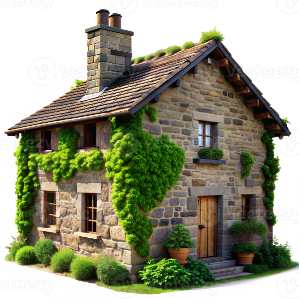 Charming Stone Cottage Surrounded by Greenery png