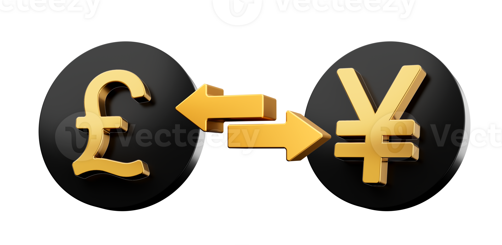 3d Golden Pound And Yen Symbol On Rounded Black Icons With Money Exchange Arrows, 3d illustration png