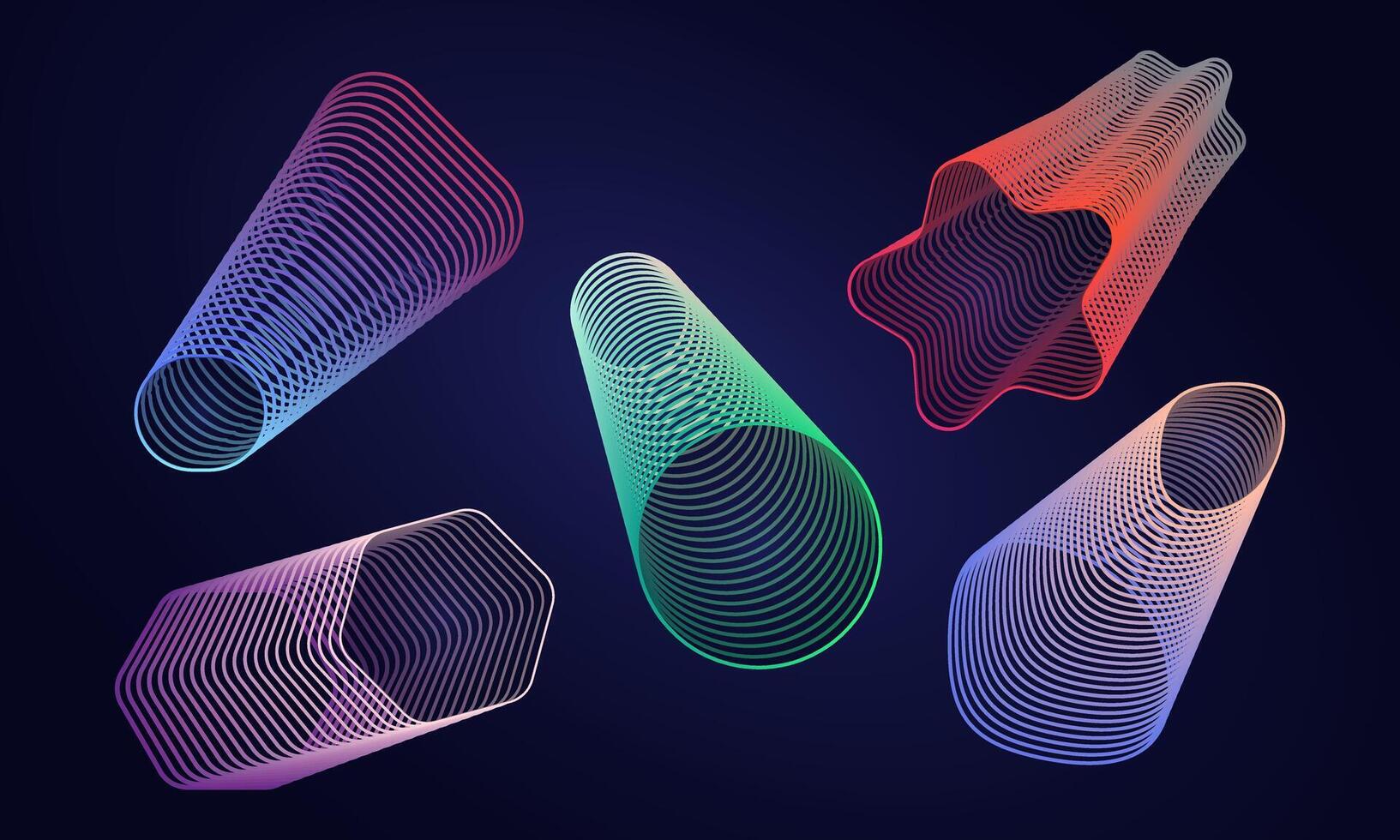 Set of contour abstract figures. Collection of elongated linear geometric shapes 3D. Gradient colors on dark background. Outlines of shape of star, cone, hexagon. Mesh. Isolated. illustration vector