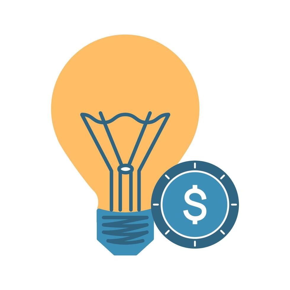 Electric lamp and dollar coin. Light bulb, American cash. Lightbulb with filaments and base. Payment for electricity. Energy saving lighting. Flat style. Color image. Isolated. illustration vector