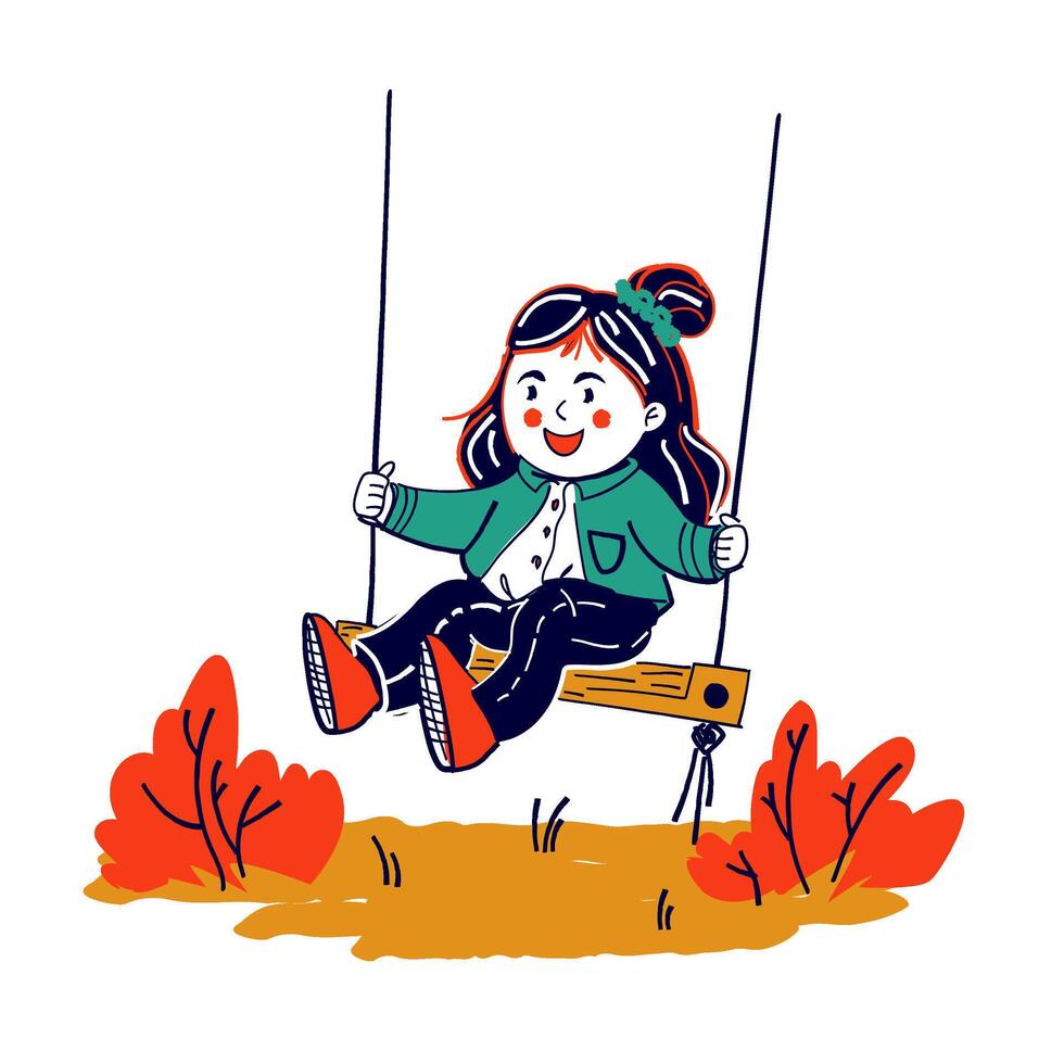 Happy girl is swinging. Naive child drawing doodle style. vector