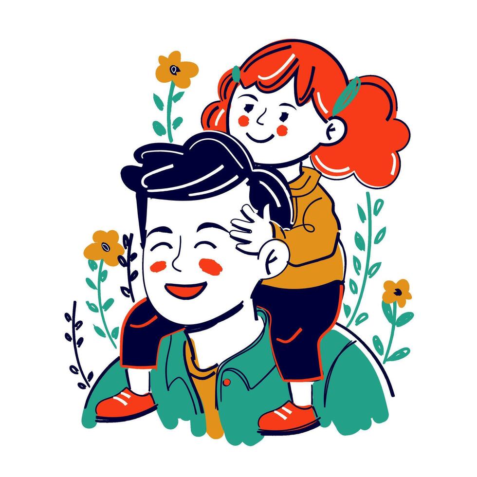 Happy daughter sitting on fathers shoulders. Naive child drawing doodle style. vector