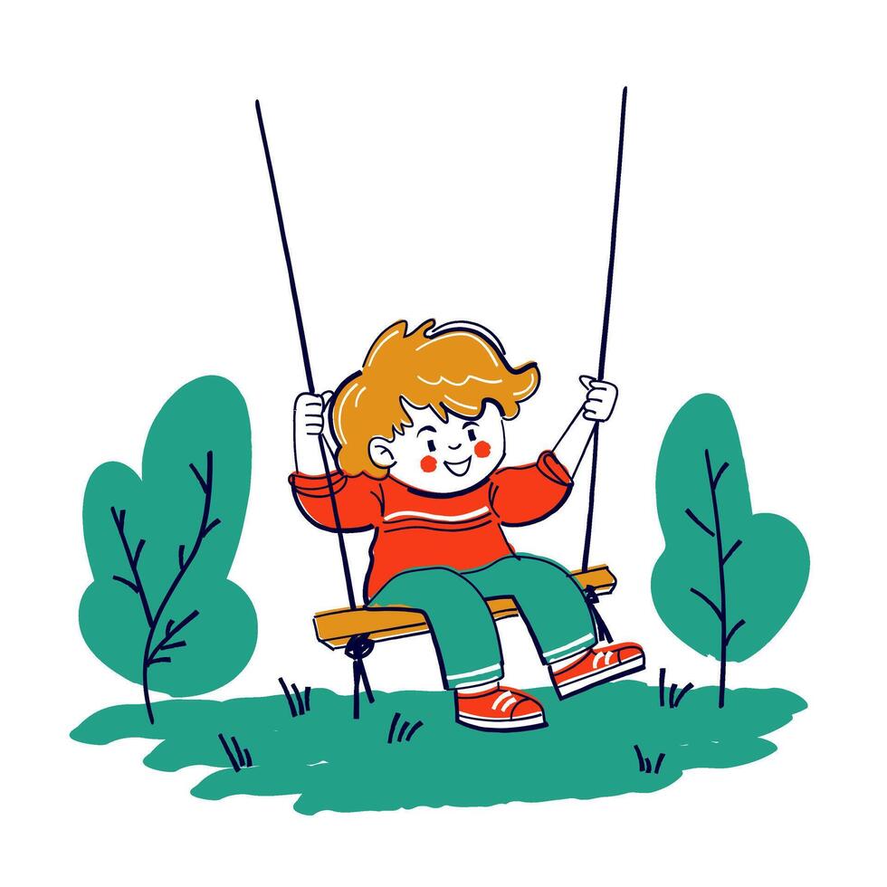 Happy boy is swinging. Naive child drawing doodle style. vector