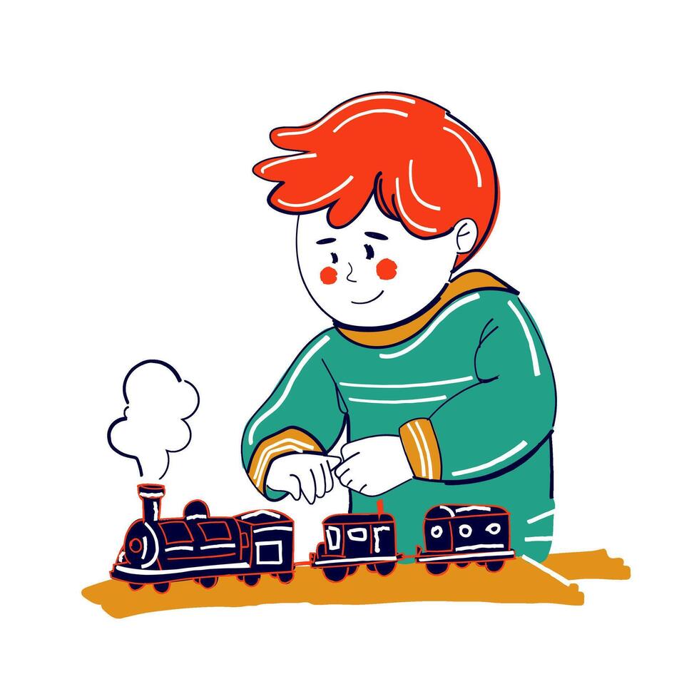 Happy boy is playing with railway train toy. Naive child drawing doodle style. vector