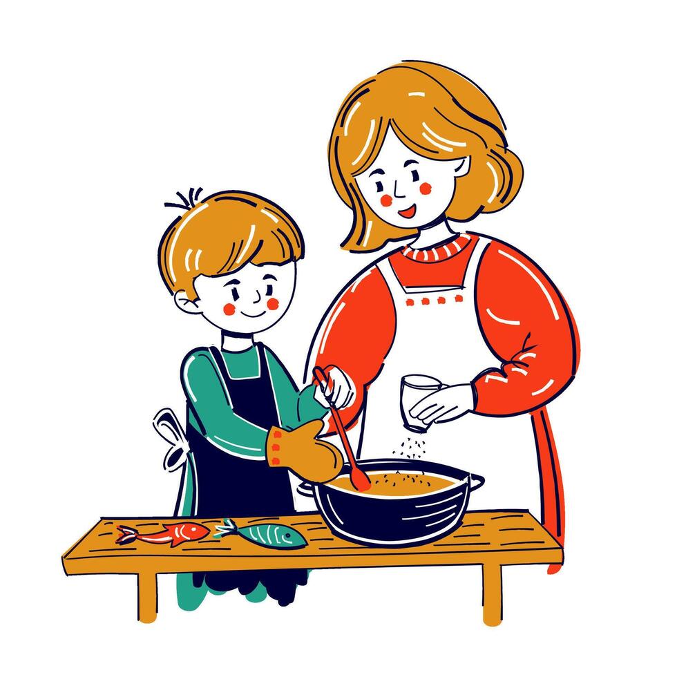 Happy boy is cooking with his mother. Naive child drawing doodle style. vector