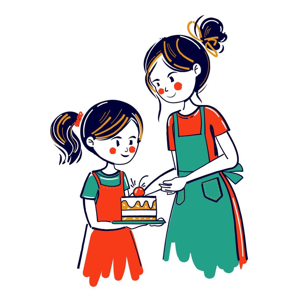 Daughter baking cake with mother. Naive child drawing doodle style. vector