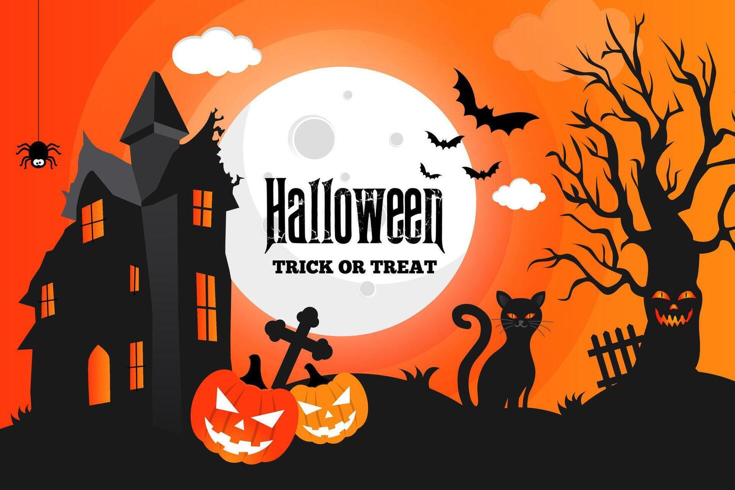 Flat Halloween Background with Scary Pumpkins and bats vector