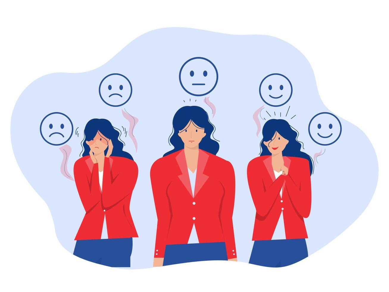 Level of satisfaction rating,BusinessWoman showing different faces and emotions Customer choosing emoji, sharing feedback flat cartoon character illustration. vector
