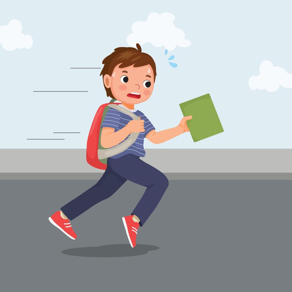 Cute little boy student with backpack running in hurry being late to school vector