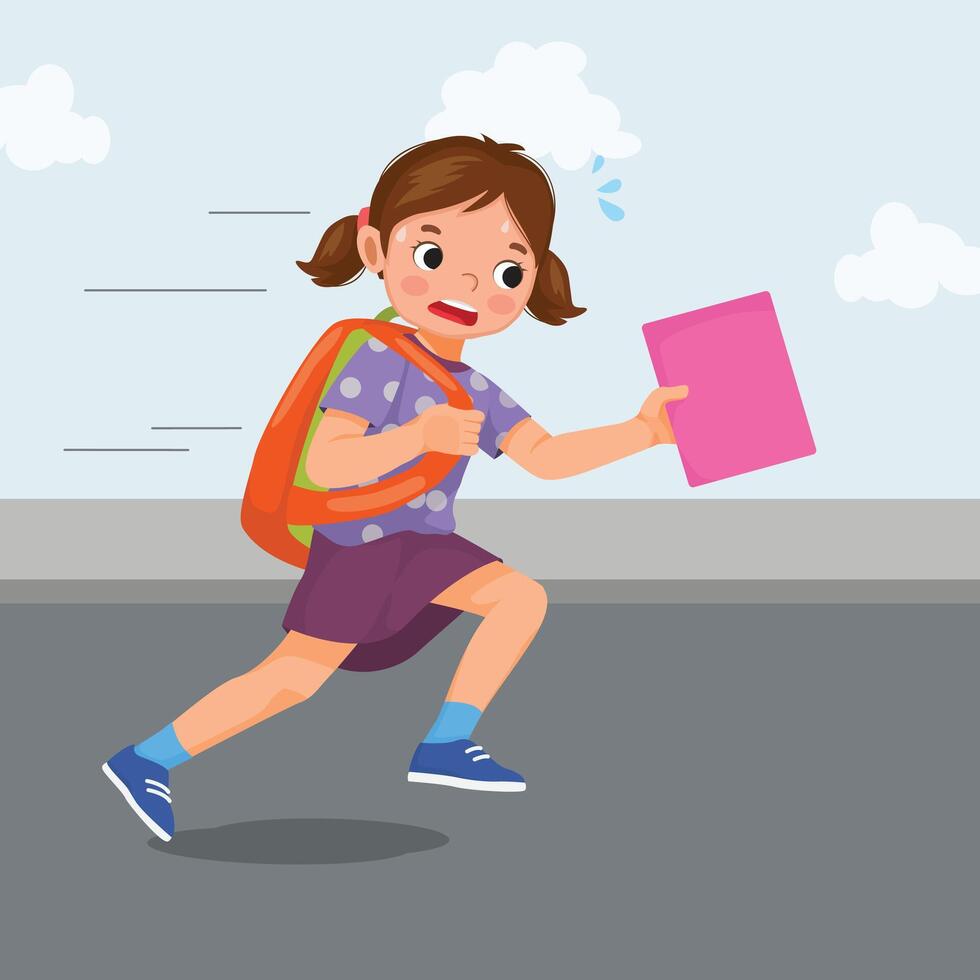 Cute little girl student with backpack running in hurry being late to school vector