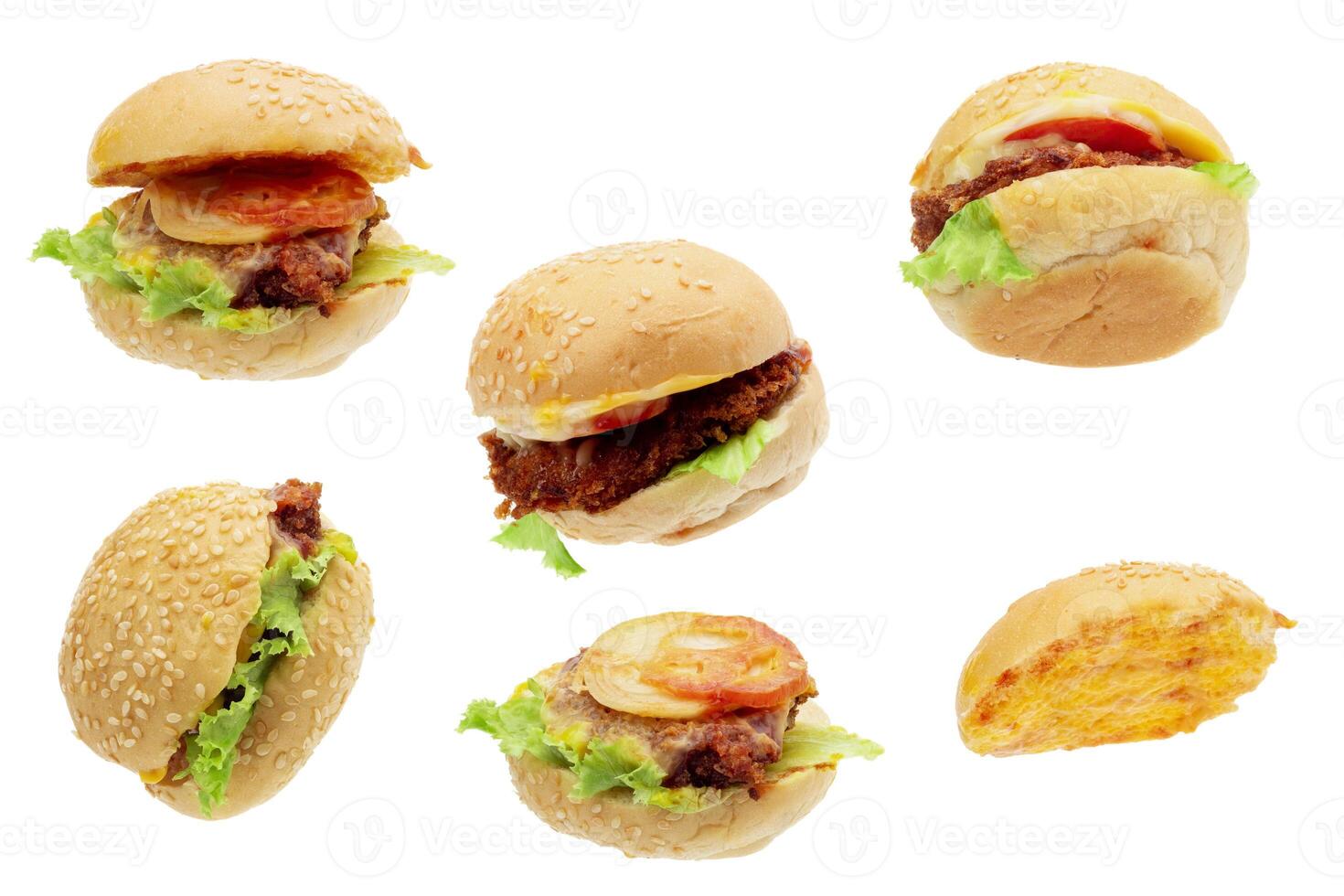Cheeseburger, beef, chicken, pork, hamburger, ketchup, onions. Delicious food isolated on white background. photo