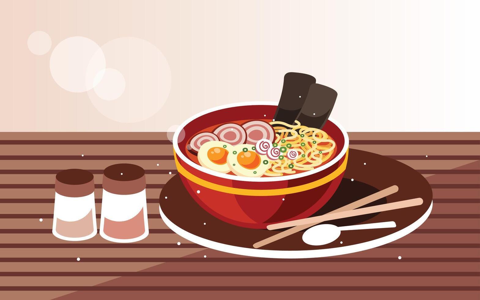 Japanese ramen soup with chicken, egg and chives vector