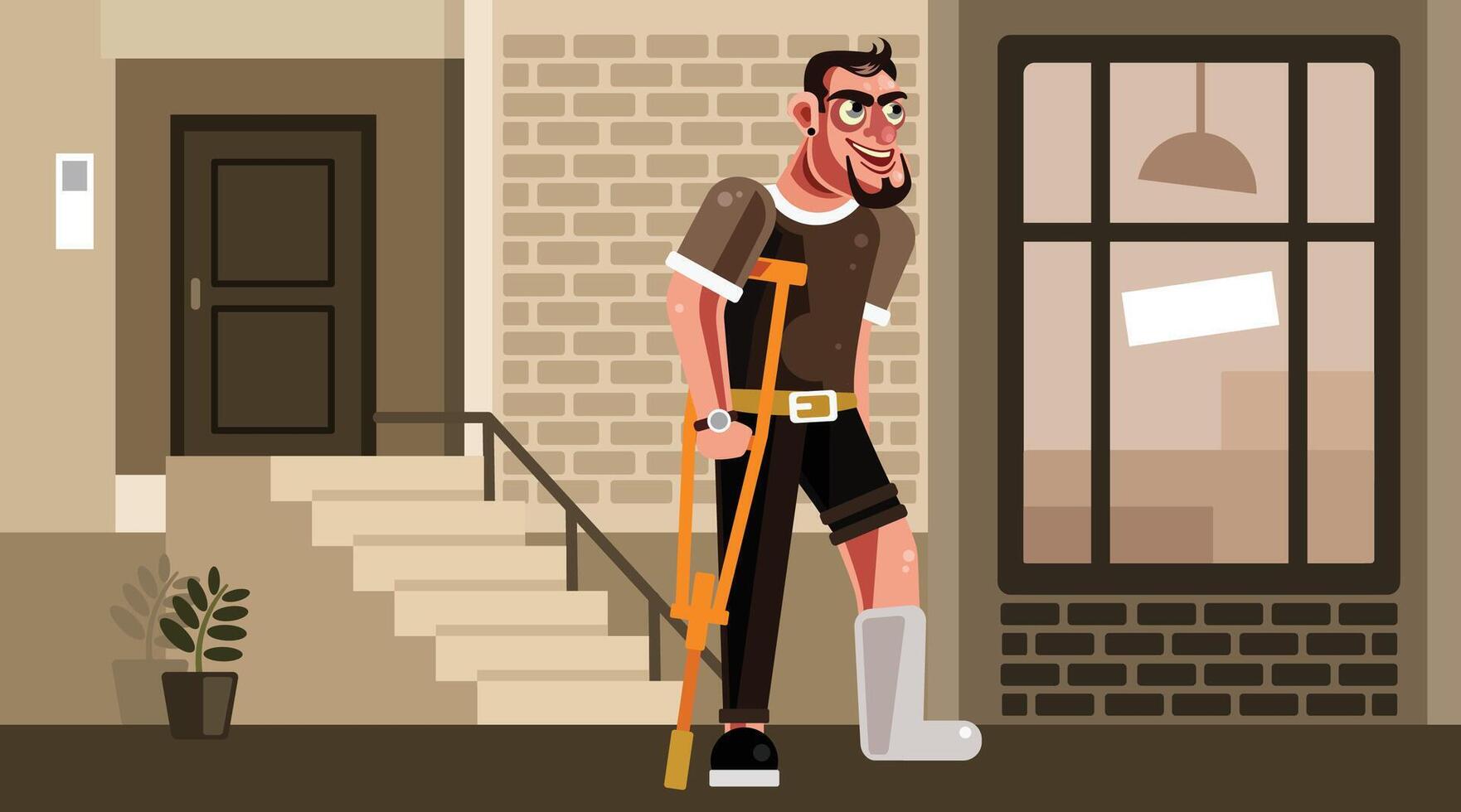 Man with Broken Leg walking using the Crutch vector