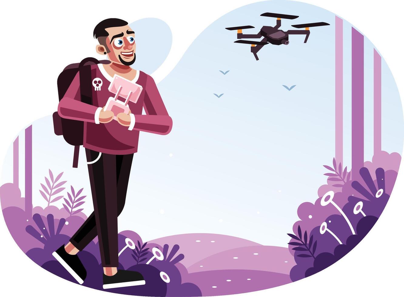 Man operating a drone with remote control vector