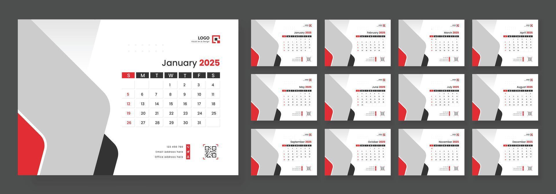 Desk Calendar Template 2025, New Year 2025 table calendar, Minimalist desk calendar 2025 template. vector