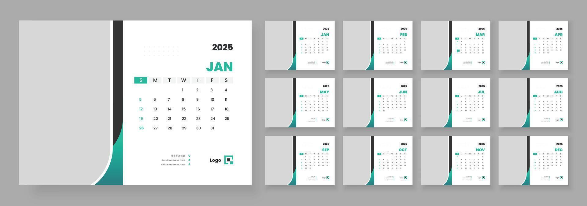 Calendar 2025 planner corporate template design, Template for annual calendar 2025, Office Calendar 2025, Week starts on Sunday. vector
