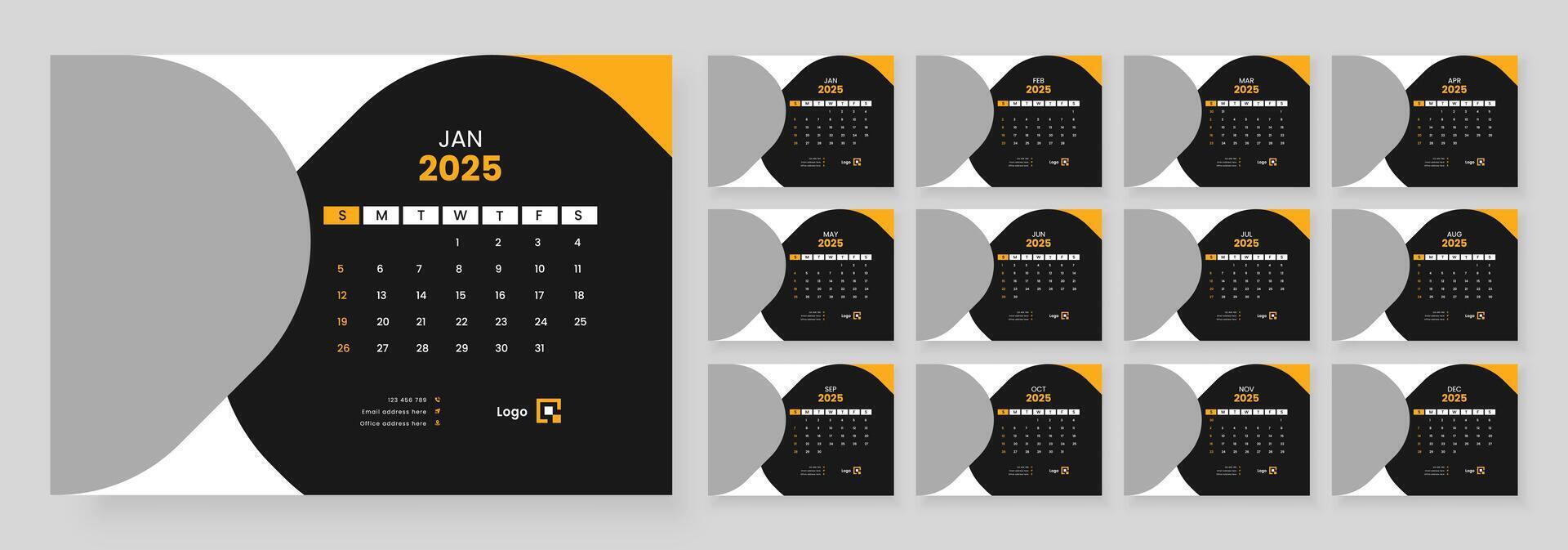 Desk Calendar 2025, Office Calendar 2025, Template for annual calendar 2025, Week Starts on sunday. vector