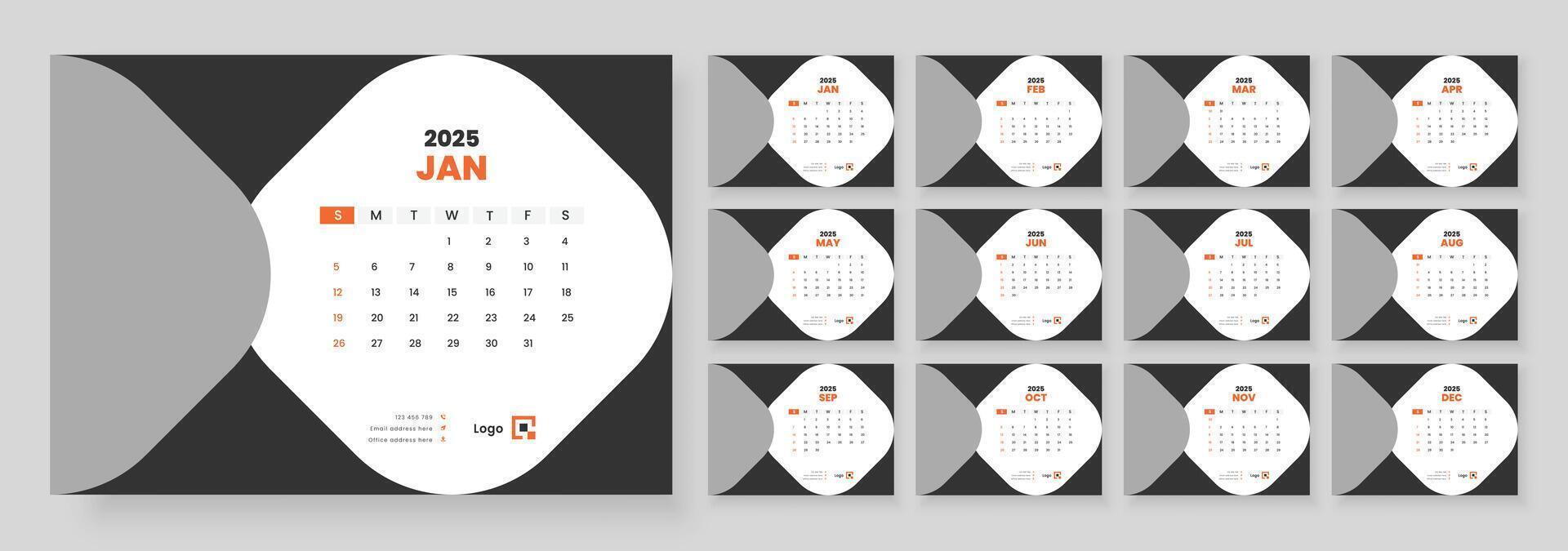 Desk Calendar 2025, Template for annual calendar 2025, The week starts on Sunday, Set of 12 months. vector