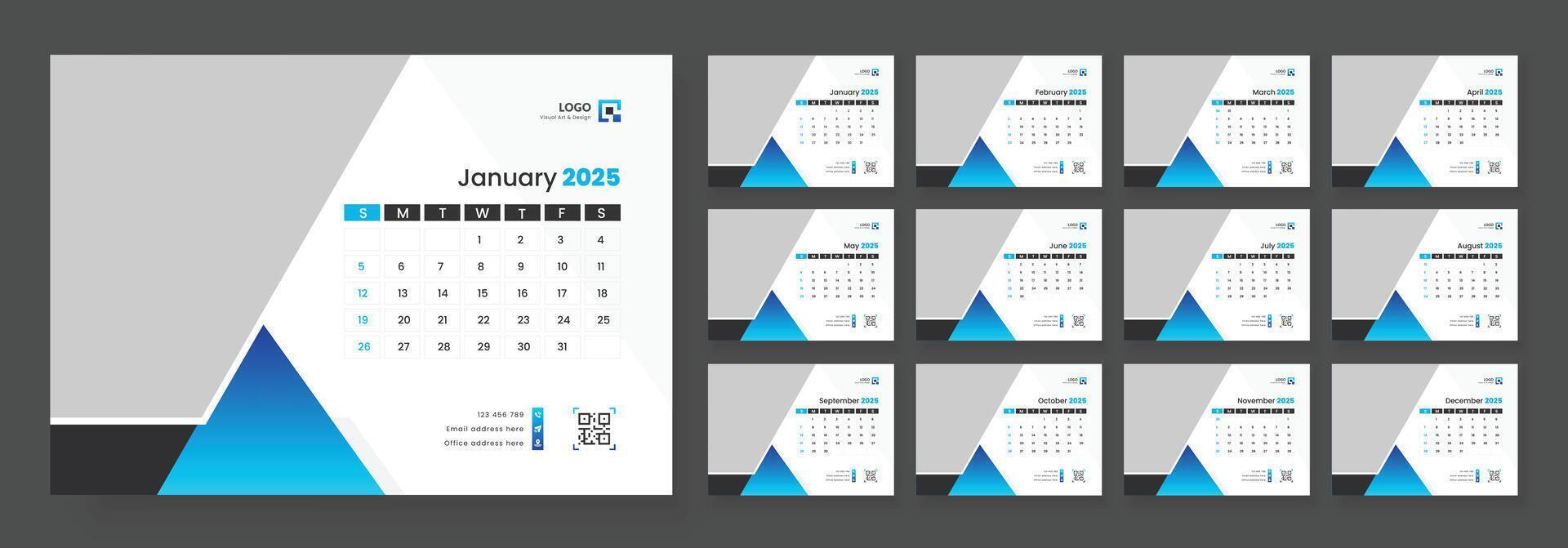 Desk Calendar Template 2025, New Year 2025 table calendar, Minimalist desk calendar 2025 template. Week start on Sunday. vector