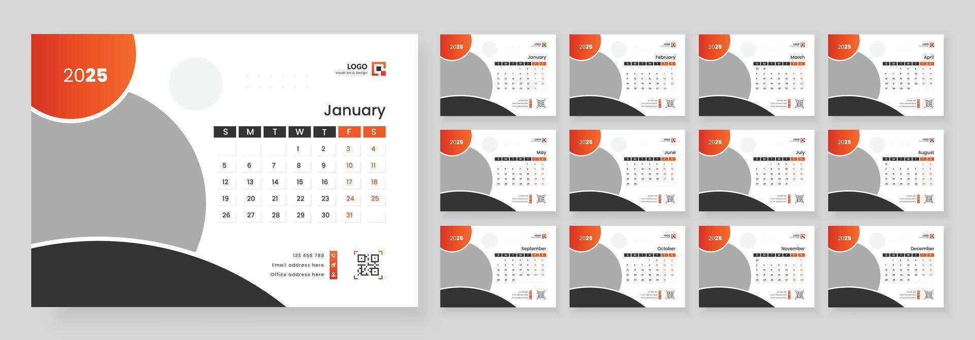 Modern Desk Calendar Template 2025, New Year 2025 table calendar, Minimalist desk calendar 2025 template. Week start on Sunday. vector