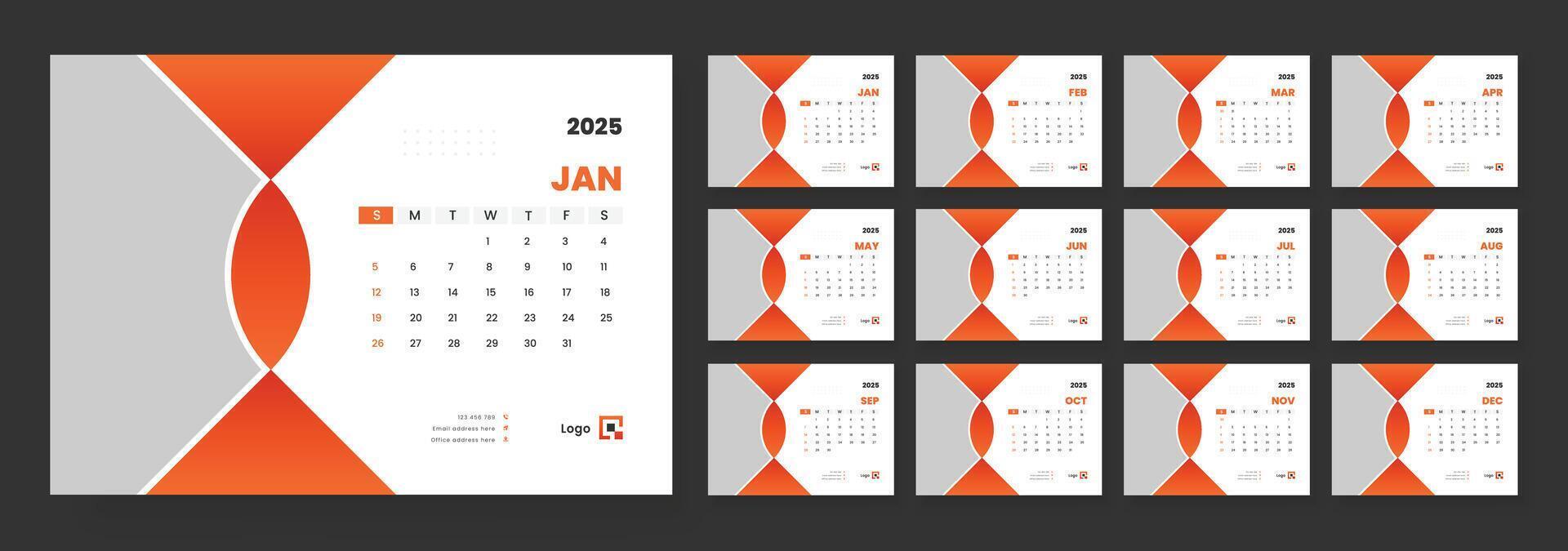2025 desk calendar template, Template for annual calendar 2025, The week starts on Sunday, Set of 12 months. vector