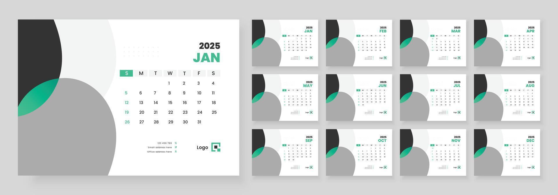 Desk Calendar 2025, Office Calendar 2025, Template for annual calendar 2025, Week Starts on sunday. vector
