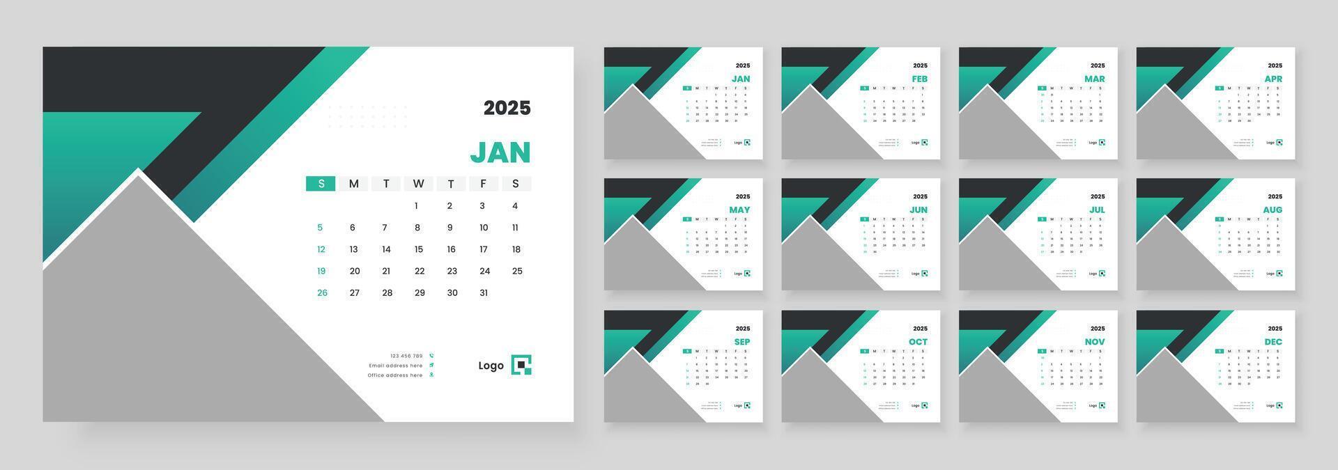 Desk Calendar 2025 Or Monthly Weekly Schedule New Year Calendar 2025 Design Template, Week Starts on sunday. vector