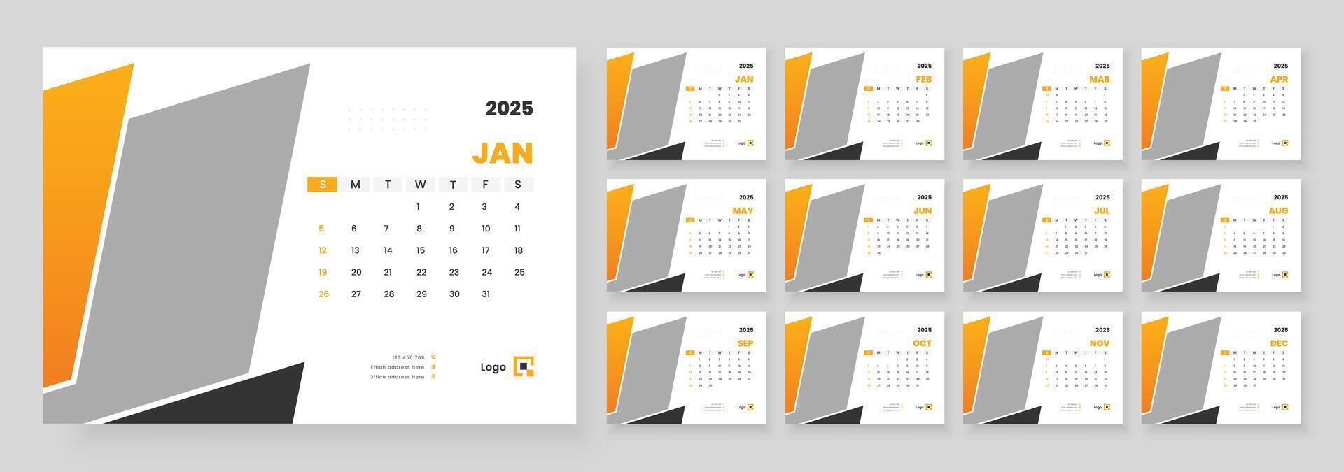 Desk Calendar 2025, Template for annual calendar 2025, The week starts on Sunday, Set of 12 months. vector
