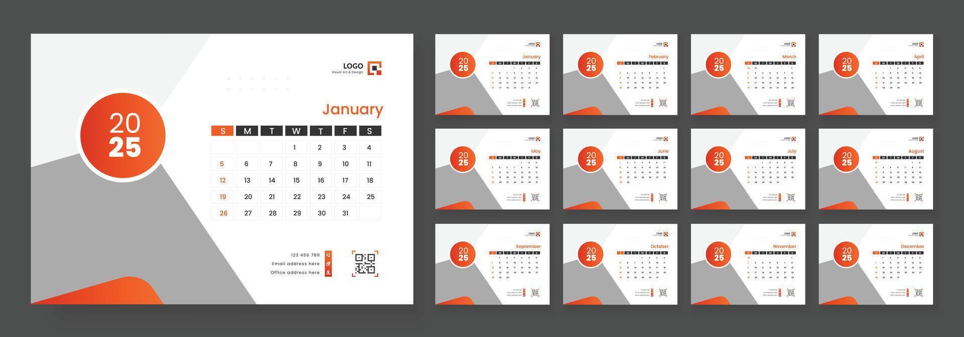 Desk Calendar Template 2025, New Year 2025 table calendar, Minimalist desk calendar 2025 template. vector