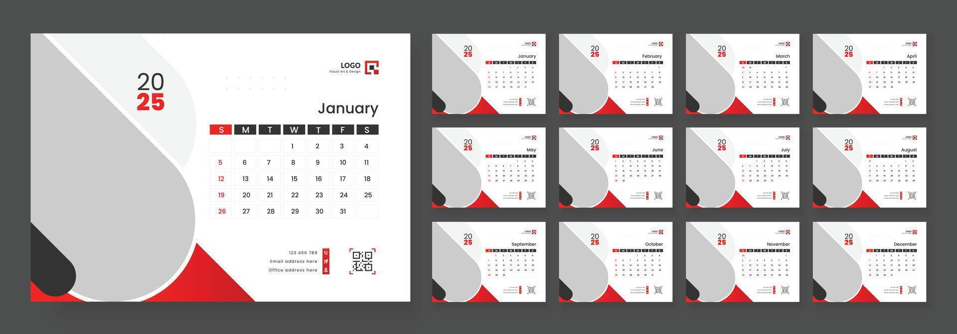 Desk Calendar Template 2025, New Year 2025 table calendar, Minimalist desk calendar 2025 template. vector