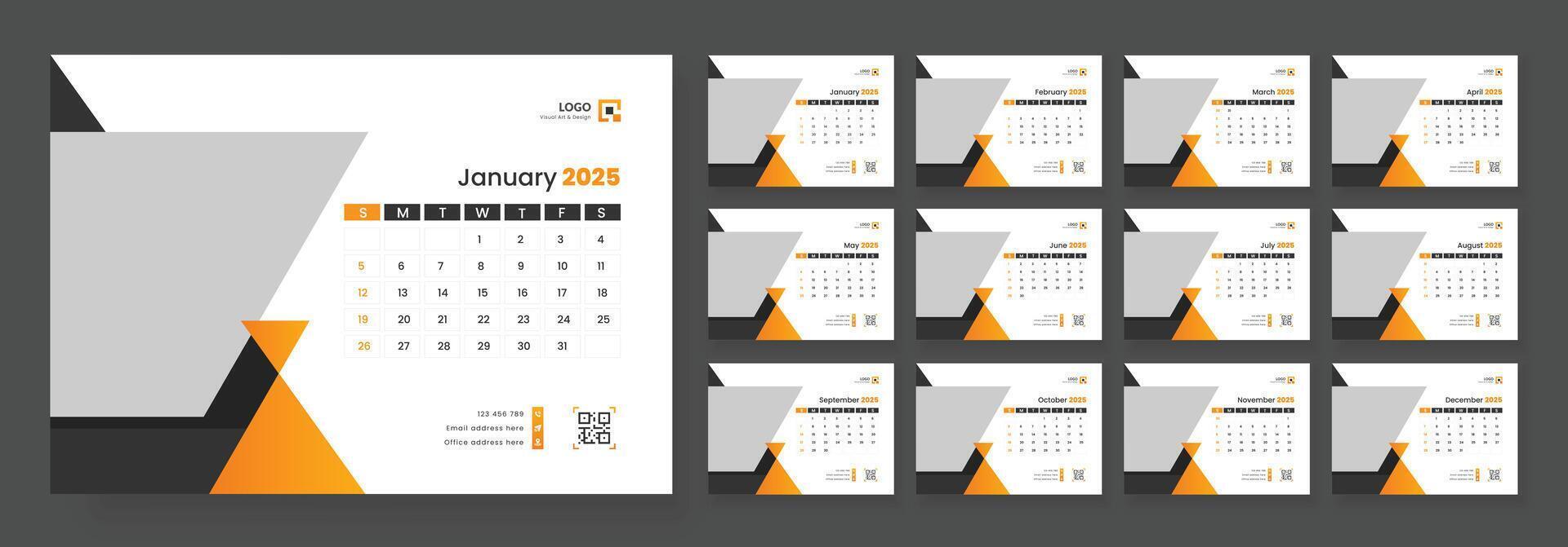 Desk Calendar Template 2025, New Year 2025 table calendar, Minimalist desk calendar 2025 template. Week start on Sunday. vector