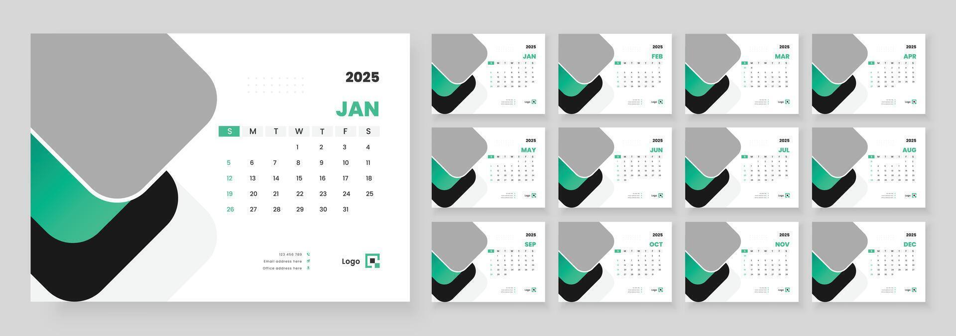 Desk Calendar 2025 Or Monthly Weekly Schedule New Year Calendar 2025 Design Template, Week Starts on sunday. vector
