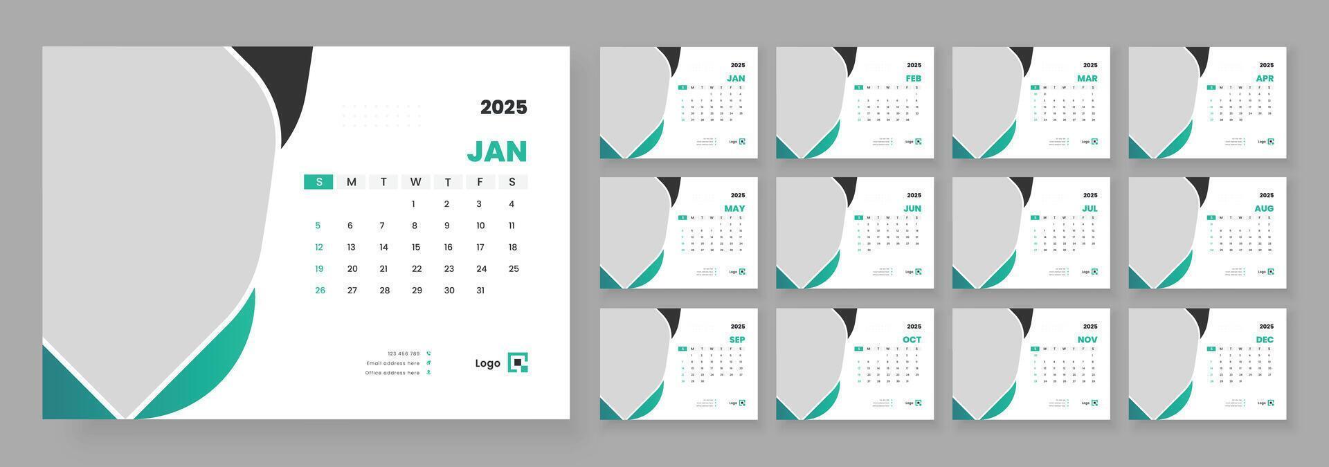 Desk Calendar 2025 Or Monthly Weekly Schedule New Year Calendar 2025 Design Template, Week Starts on sunday. vector