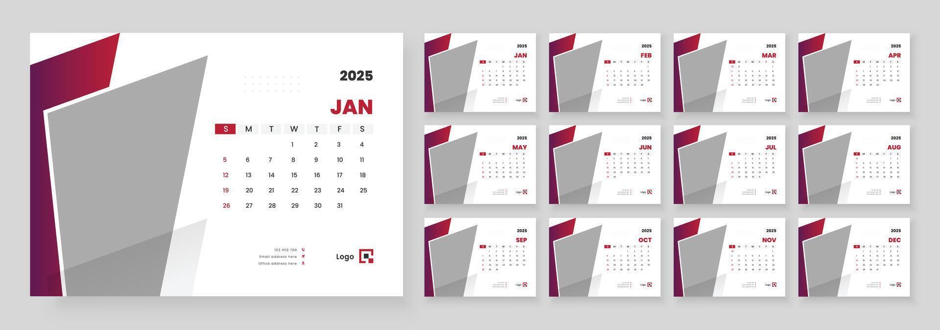 Desk Calendar 2025, Office Calendar 2025, Template for annual calendar 2025, Week Starts on sunday. vector
