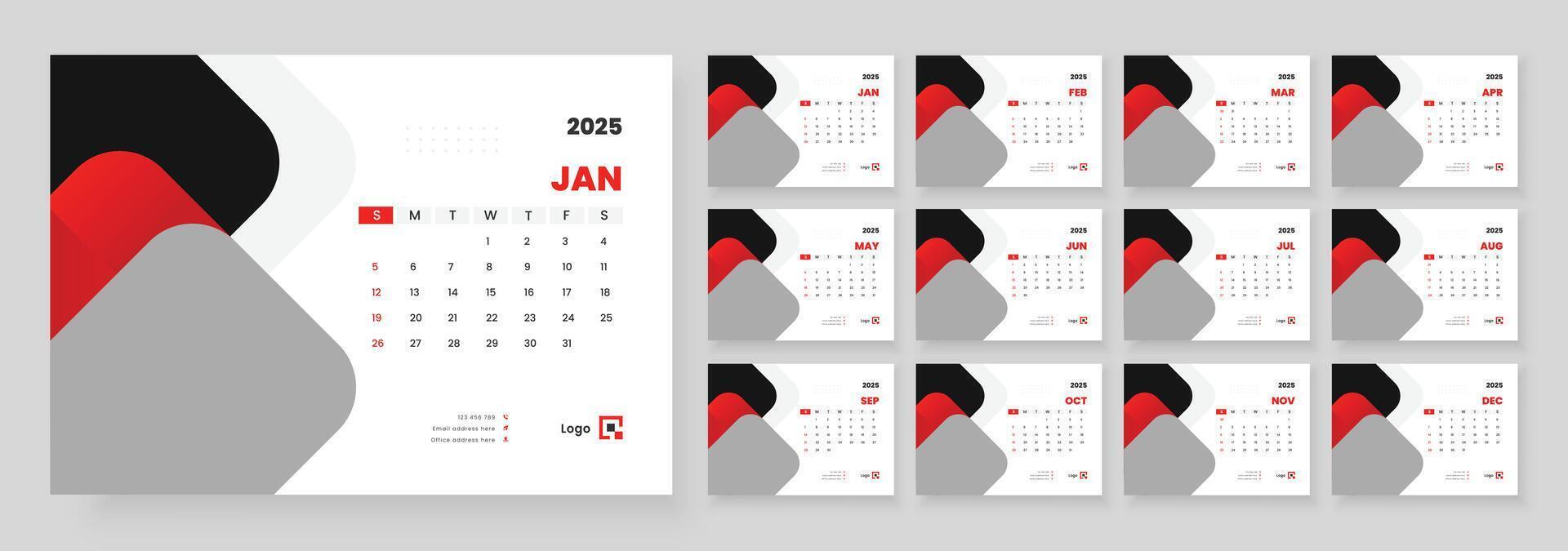 Calendar 2025 planner corporate template design, Template for annual calendar 2025, Office Calendar 2025, Week starts on Sunday. vector