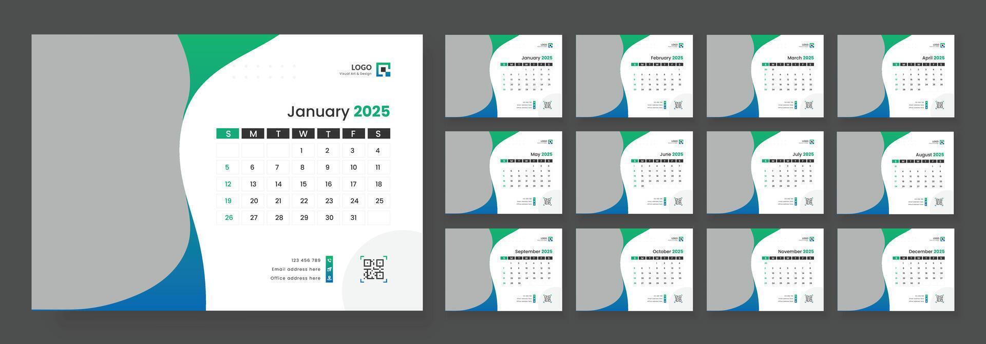 Desk Calendar Template 2025, New Year 2025 table calendar, Minimalist desk calendar 2025 template. vector