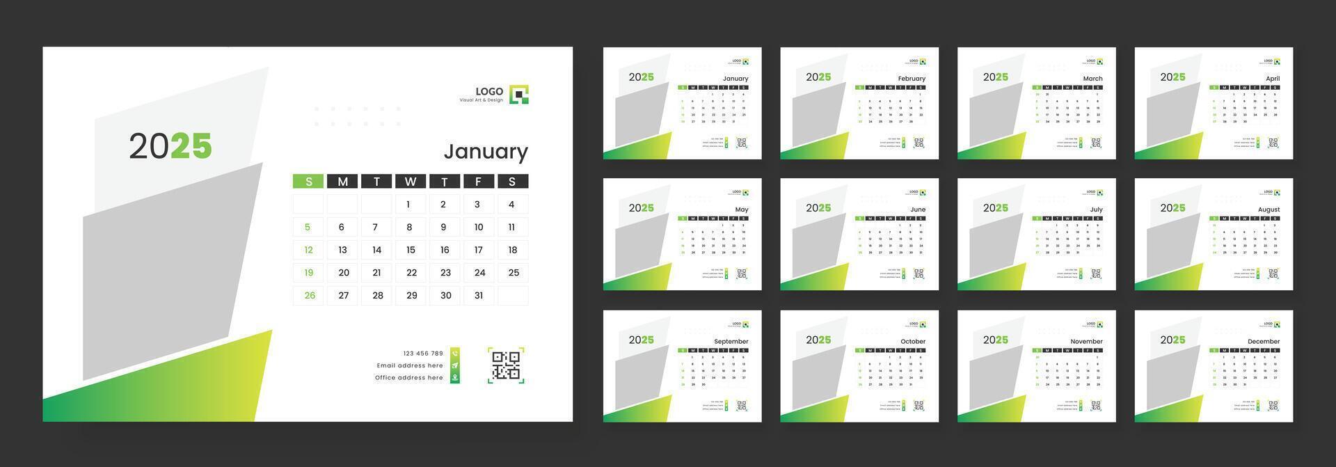 Modern Desk Calendar Template 2025, New Year 2025 table calendar, Minimalist desk calendar 2025 template. Week start on Sunday. vector