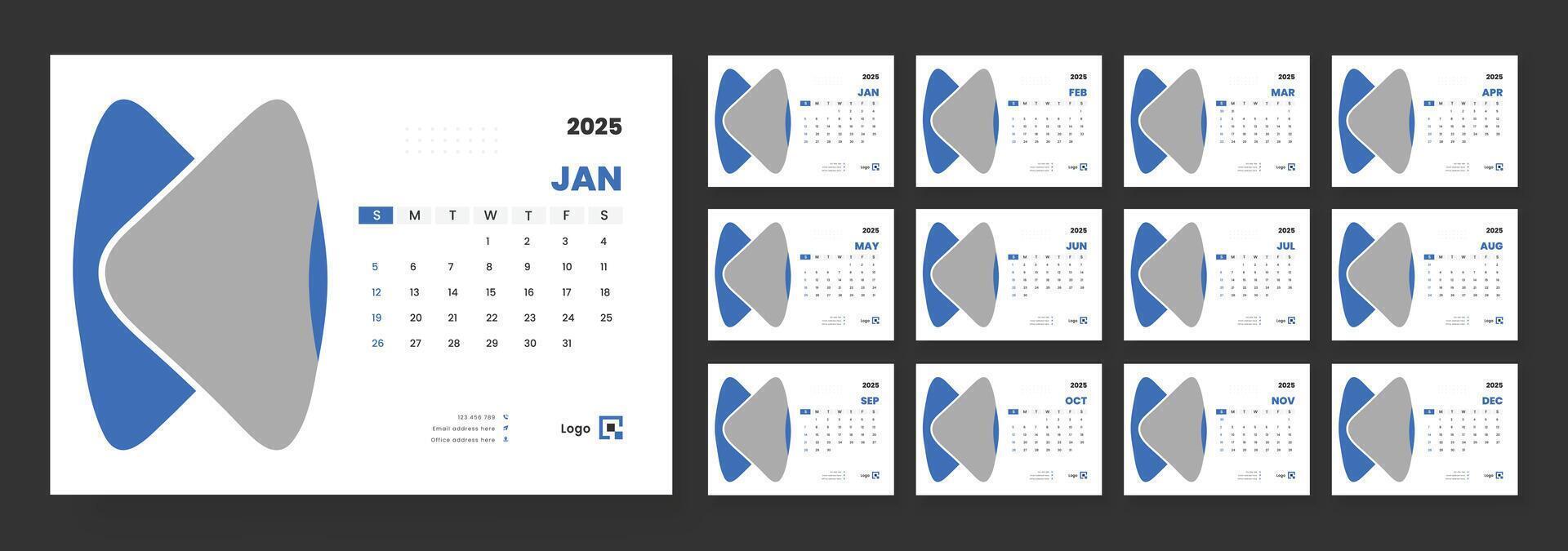 Desk Calendar 2025, Template for annual calendar 2025, The week starts on Sunday, Set of 12 months. vector