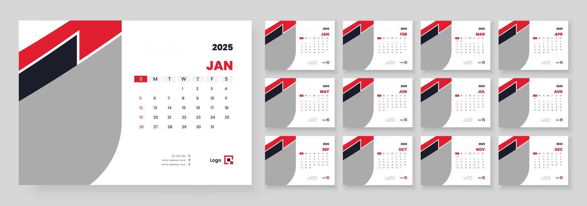 Desk Calendar 2025 Or Monthly Weekly Schedule New Year Calendar 2025 Design Template, Week Starts on sunday. vector
