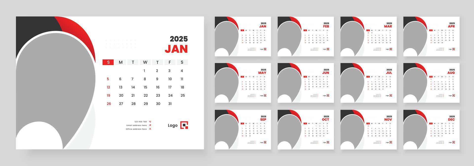 Desk Calendar 2025, Office Calendar 2025, Template for annual calendar 2025, Week Starts on sunday. vector