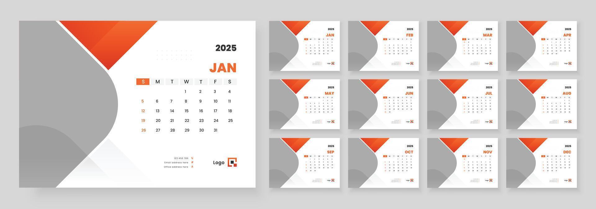 Calendar 2025 planner corporate template design, Template for annual calendar 2025, Office Calendar 2025, Week starts on Sunday. vector