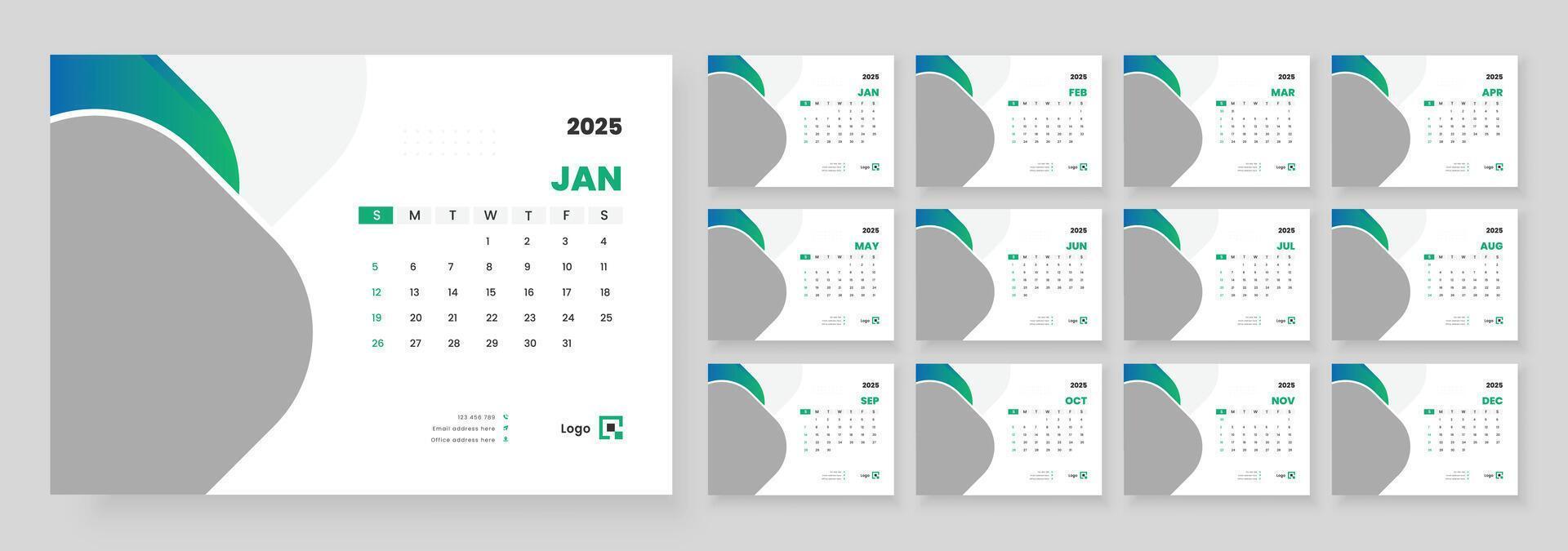 2025 desk calendar template, Template for annual calendar 2025, The week starts on Sunday, Set of 12 months. vector