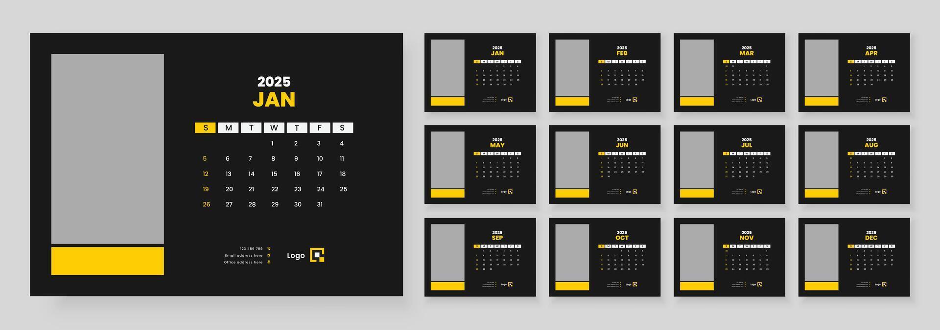 Desk Calendar 2025 Or Monthly Weekly Schedule New Year Calendar 2025 Design Template, Week Starts on sunday. vector