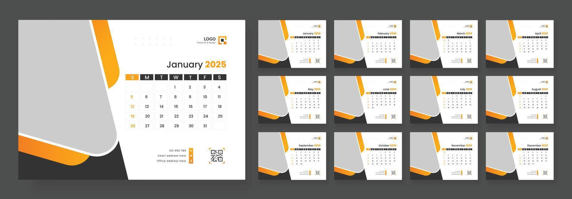 Desk Calendar Template 2025, New Year 2025 table calendar, Minimalist desk calendar 2025 template. Week start on Sunday. vector
