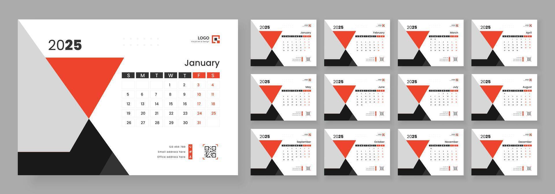 Desk Calendar Template 2025, New Year 2025 table calendar, Minimalist desk calendar 2025 template. vector