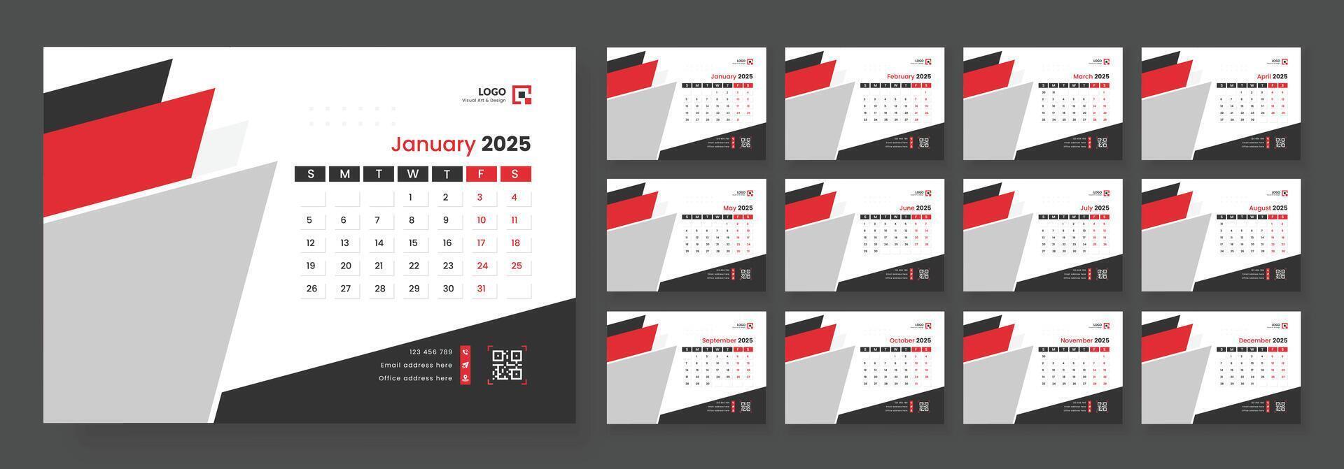 Desk Calendar Template 2025, New Year 2025 table calendar, Minimalist desk calendar 2025 template. Week start on Sunday. vector