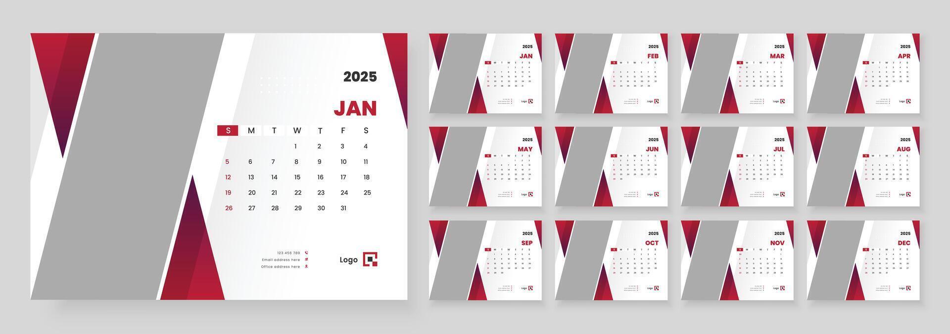 2025 desk calendar template, Template for annual calendar 2025, The week starts on Sunday, Set of 12 months. vector