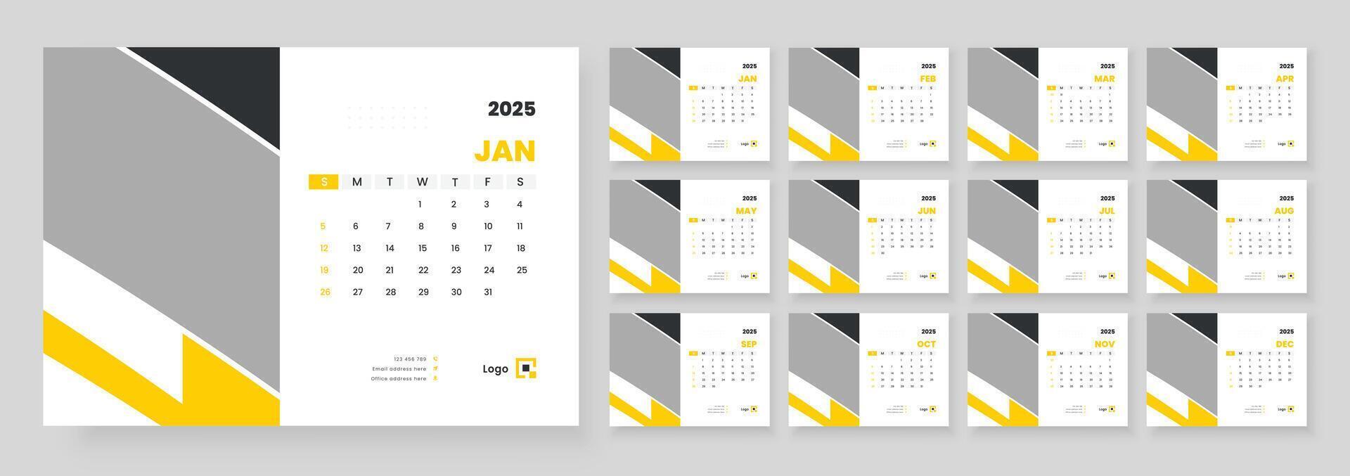 Calendar 2025 planner corporate template design, Template for annual calendar 2025, Office Calendar 2025, Week starts on Sunday. vector